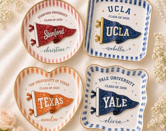 Custom School Pennant Flag Ring Dish, Personalized University College Graduation Gift, Class of 2026 Jewelry Tray, Ceramic Trinket Tray