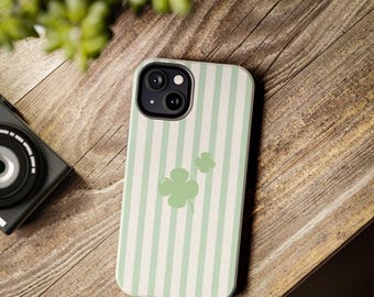 St. Patrick’s Day Shamrock Phone Case for iPhone & Samsung, Green Striped Clover Aesthetic Cover, Cute Lucky Irish Gift Case