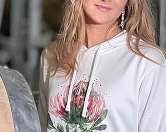 Organic Side Pocket Hoodie with Watercolour Protea