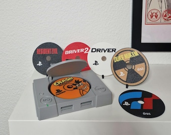 Retro PS1 holder + Coaster Set (5 pcs) – 3D Printed Holder – Perfect Gift for Gamers