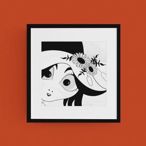 La Mirada: Primer plano de una mujer con margaritas, impresión de arte lineal en blanco y negro, retrato íntimo y minimalista, colección Empowered Sanctuary