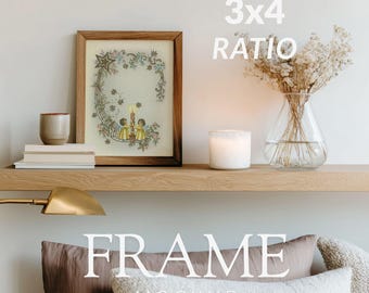 Petite maquette de cadre en bois, cadre pour affiche vertical 3 x 4 appuyé sur une étagère, art mural minimaliste de chambre à coucher, PSD + JPG