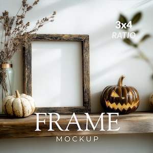 Pode incluir: Uma moldura de madeira escura com proporção 3x4, posicionada ao lado de uma abóbora branca e uma abóbora esculpida castanha. O texto 3x4 RATIO e FRAME MOCKUP é visível. Ramos secos num vaso de vidro estão à esquerda da moldura.