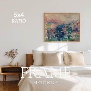 Maqueta de marco horizontal de 5x4, maqueta de póster grande para dormitorio, maqueta de marco de madera, maqueta de arte de pared para encima de la cama, maqueta de póster horizontal, PSD + JPG