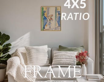 4x5 Gold Frame Mockup, Living Room Wall Art Mockup, Cozy Neutral Interior, Vertical Poster Mockup, PSD Mokcup Template