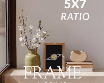5x7 Small Wood Frame Mockup | Minimal Window Light Interior | Leaning Frame PSD