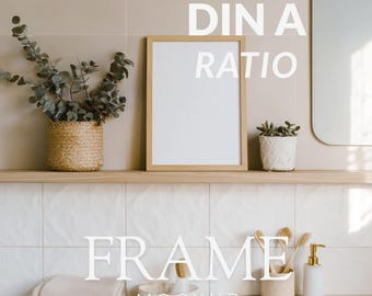 Maqueta de marco de madera para baño, marco de madera fino con relación DIN A, maqueta de estante con marco pequeño, diseño minimalista de baño en formato PSD + JPG