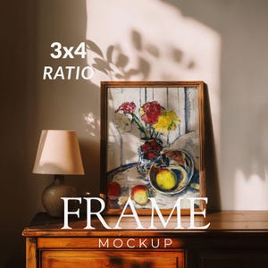 Maquette de cadre en bois 3 x 4, Maquette de cadre pour affiche, Maquette d'art mural intérieur minimaliste, Scène de table console en bois, PSD + JPG
