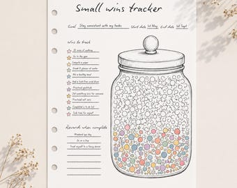 May include: A white paper planner insert titled Small wins tracker with a goal section, a list of tasks marked by colored stars, and a rewards section. A large illustrated glass jar is filled with many small circles, some colored in pastel hues.