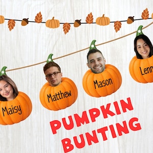 May include: A decorative pumpkin bunting featuring four orange pumpkins hanging from a string. Each pumpkin displays a person's face and a name: Maisy, Matthew, Mason, and Lennon. The string is decorated with small orange pumpkins and brown leaves.