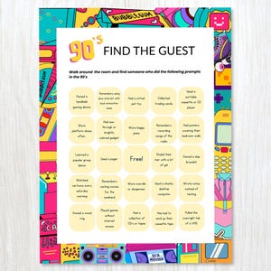 Könnte beinhalten: Ein farbenfrohes Partyspiel im 90er-Jahre-Stil mit dem Text "90's Find the Guest". Das Spiel enthält Aufforderungen wie "Besass ein Handheld-Spielgerät" und "Hatte ein virtuelles Haustier". Der Rand zeigt Retro-Designs und das Wort "Bubblegum".