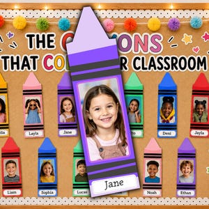 crayon student photo frames classroom boards, Editable Classroom Photo Display, Back to School Bulletin Board decor,  Student Name Tags
