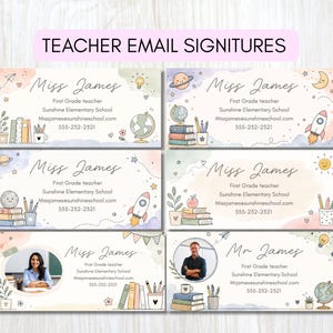 Könnte beinhalten: Sechs rechteckige E-Mail-Signaturvorlagen für Lehrkräfte mit pastellfarbenen Aquarellhintergründen, verspielten Illustrationen von Büchern, Globen, Raketen und Planeten sowie Platzhaltern für Namen, Titel, Schulnamen, E-Mails und Telefonnummern.