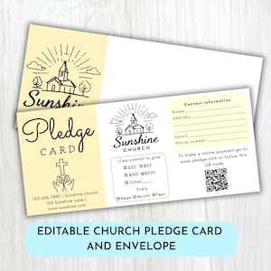 Op de afbeelding: Een rechthoekige toezeggingskaart met bijpassende envelop in lichtgeel en wit. De kaart bevat een illustratie van een kerk, de tekst Pledge Card, Sunshine Church, contactvelden, donatiebedragen en een QR-code voor online betalingen.