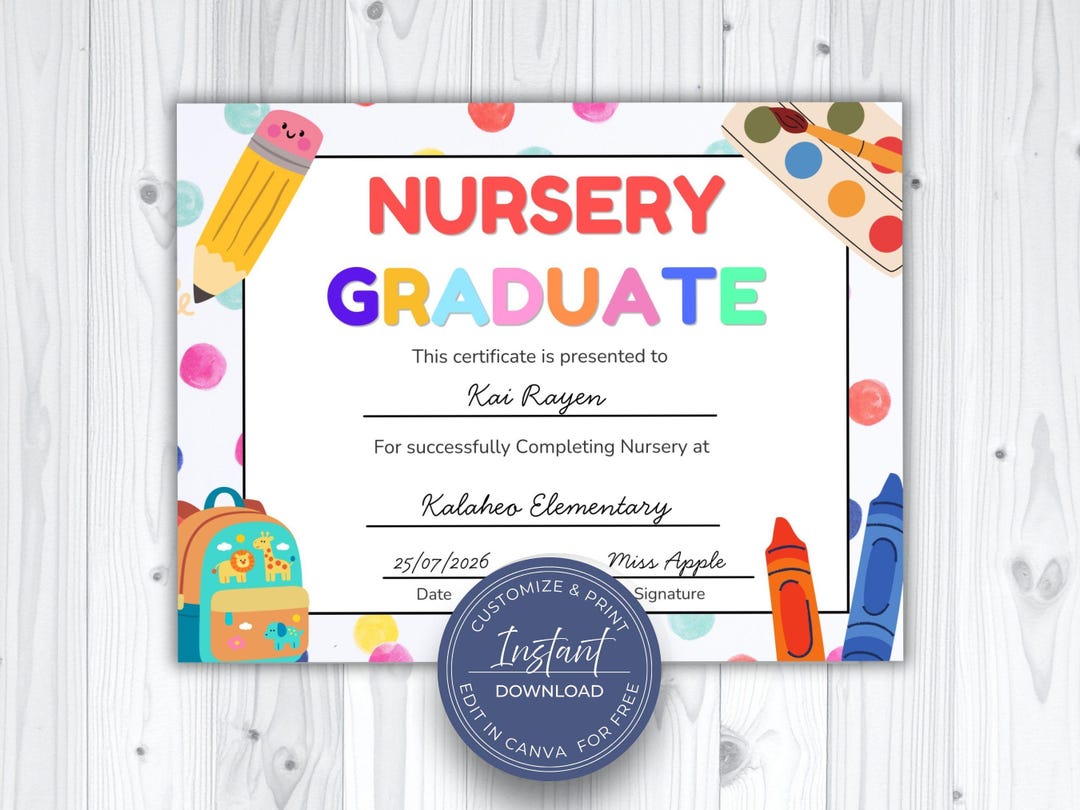 Editable Nursery Graduation Certificate, Graduation Certificate for ...