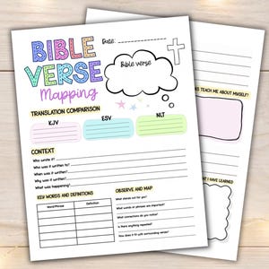 May include: A printable Bible verse mapping worksheet featuring sections for translation comparison between KJV, ESV, and NLT, context questions, key words and definitions, and an observe and map section with a cloud graphic and a cross icon.