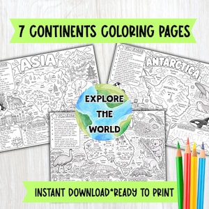 May include: A set of black and white coloring pages featuring maps of Asia, Antarctica, and Australia with illustrations of animals, landmarks, and fun facts. The text includes 7 CONTINENTS COLORING PAGES, EXPLORE THE WORLD, and INSTANT DOWNLOAD READY TO PRINT.