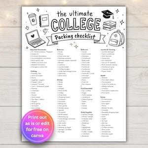 May include: A black and white printable college packing checklist featuring hand-drawn illustrations of a laptop, backpack, books, and a graduation cap. The document includes categorized lists for bedroom, bathroom, kitchen, and study supplies.