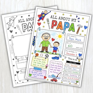 Peut inclure: Deux feuilles d'activités imprimables intitulées All About My Papa, l'une vierge et l'autre remplie de dessins aux crayons de couleur représentant un homme et un enfant, un soleil, des cœurs, des ballons et des textes sur des faits personnels.