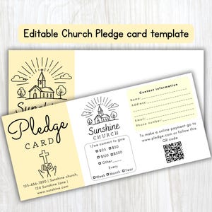 Può includere: Un modello modificabile di scheda di impegno per la chiesa con un design giallo pallido e bianco. La scheda include un disegno al tratto di una chiesa, il testo Sunshine Church, una sezione per le donazioni, campi di contatto e un QR code.