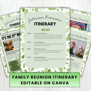 Op de afbeelding: Een familie reünie route met een lichtgroen en wit ontwerp. Het centrale document bevat de titel "Johnson Reunion ITINERARY" en een schema voor dag 1. Extra pagina's bevatten een pagina in krantenstijl en pagina's met foto's. De tekst "FAMILY REUNION ITINERARY EDITABLE ON CANVA" staat onderaan.