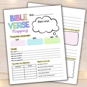以下が含まれることがあります： 日付、聖句、KJV・ESV・NLTの翻訳比較、文脈の質問、キーワードと定義、観察のヒントのためのセクションを備えた、カラフルな見出し付きの印刷可能な聖句マッピングワークシート。