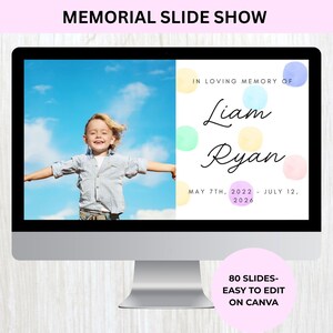 Puede incluir: Un monitor de computadora que muestra una plantilla de presentación de diapositivas conmemorativa. La pantalla presenta la foto de un niño contra un cielo azul y el texto IN LOVING MEMORY OF LIAM RYAN MAY 7TH, 2022 - JULY 12, 2026 con puntos de acuarela pastel.
