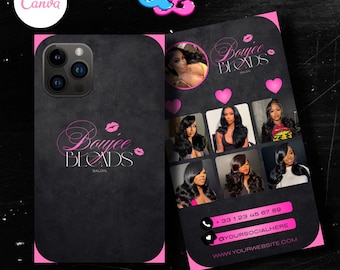 Black & Pink Portrait Business Card Template    Hairstylist, Nail Techs, MUA, Lash Tech Canva Editable