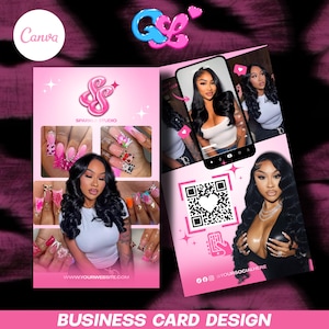 May include: Pink business card design with the text "Sparkly Studio" and images of nail art. The card includes a QR code and social media handles. The Canva logo is in the upper left corner. The words "Business Card Design" are at the bottom.