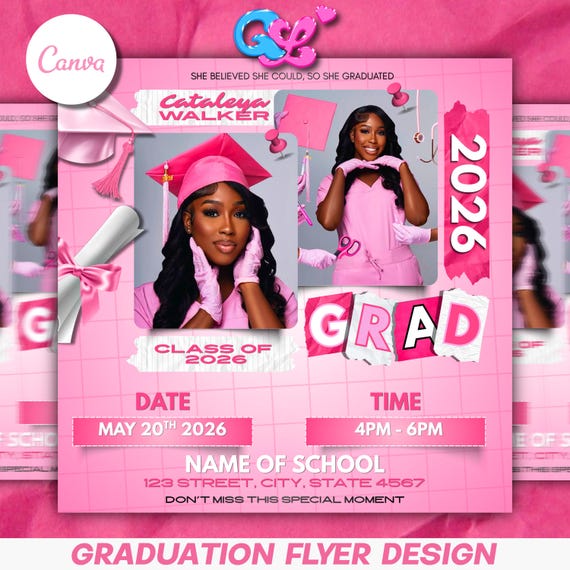 Graduation Flyer Canva Template | Class of 2026 Invite | Pink Grad Party Editable Design