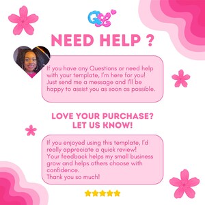 May include: A pink and white graphic with the text "NEED HELP?" and "LOVE YOUR PURCHASE? LET US KNOW!". Features a photo of a smiling person and pink flower graphics. Text offers assistance and requests reviews.