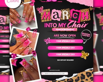 March Nail Booking Flyer | Pink Leopard Canva Template (Digital Download)