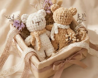 Hand-Crocheted Cotton Bear Dolls, Scarf Accent, Comfort Toy (Pack of 2)