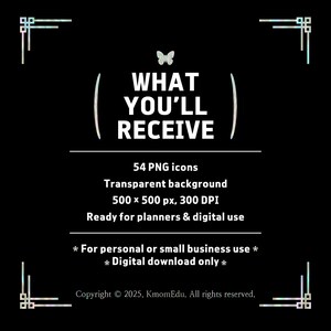 May include: Black background with white text stating "WHAT YOU'LL RECEIVE". The image details 54 PNG icons with a transparent background, 500 x 500 px, 300 DPI, ready for planners and digital use. Includes copyright information.