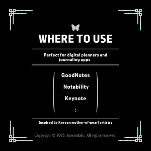 May include: Black graphic with the text "WHERE TO USE" and a butterfly illustration. The text below reads "Perfect for digital planners and journaling apps." The image lists GoodNotes, Notability, and Keynote. Inspired by Korean mother-of-pearl artistry.