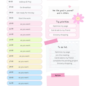May include: A pink and yellow daily planner with a schedule from 6:00 AM to 10:00 PM. The planner includes sections for top priorities, a to-do list, and notes. The text "Daily Planner" is at the top.