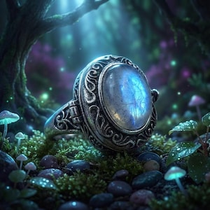 Può includere: Un anello d'argento con una gemma ovale blu. L'anello è incastonato in una montatura dettagliata e ornata. L'immagine è ambientata in una scena di foresta con funghi e muschio.