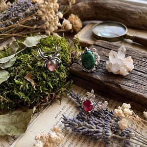 May include: A selection of rings with distinctive designs. One ring showcases a spider with a pink gemstone, another has a green stone, a third features clear crystals, and the last has a red gemstone. The rings are presented on moss, wood, and dried flowers.