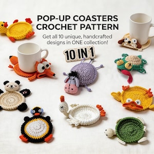 10-in-1 動物コースターかぎ針編みパターンバンドル - インタラクティブポップアップマグラグ PDF ダウンロード