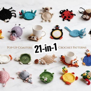 21-in-1 Animal Crochet Popup Coaster Pattern Bundle, Mug Rug, Cup Holder PDF + VIDEO TUTORIAL