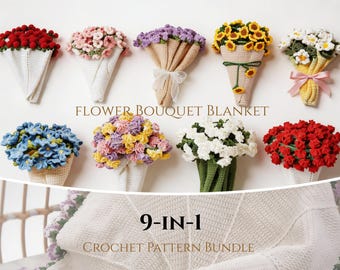Patrón de ganchillo en PDF para manta con ramo de flores, paquete de 9 piezas, manta floral, hortensias, girasoles, soporte en vídeo.