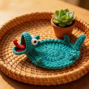 lizard crochet coaster pop up design on tray, fun animal mug rug crochet pattern, unique handmade coaster idea