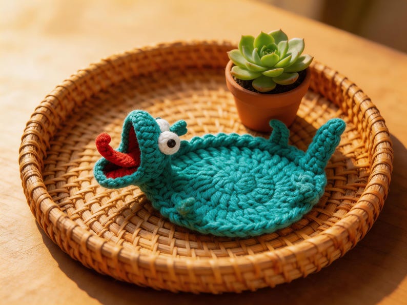 lizard crochet coaster pop up design on tray, fun animal mug rug crochet pattern, unique handmade coaster idea