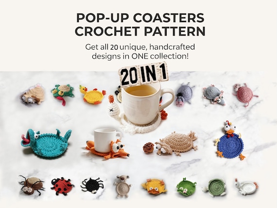 20-in-1 Animal Crochet Coaster Patterns, Mug Hugger Bundle, animals cup holder (PDF + VIDEO TUTORIAL)