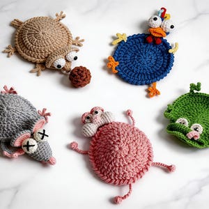 cute animal crochet coaster patterns including mouse squirrel chickern frog and leopard and mouse mug rug designs