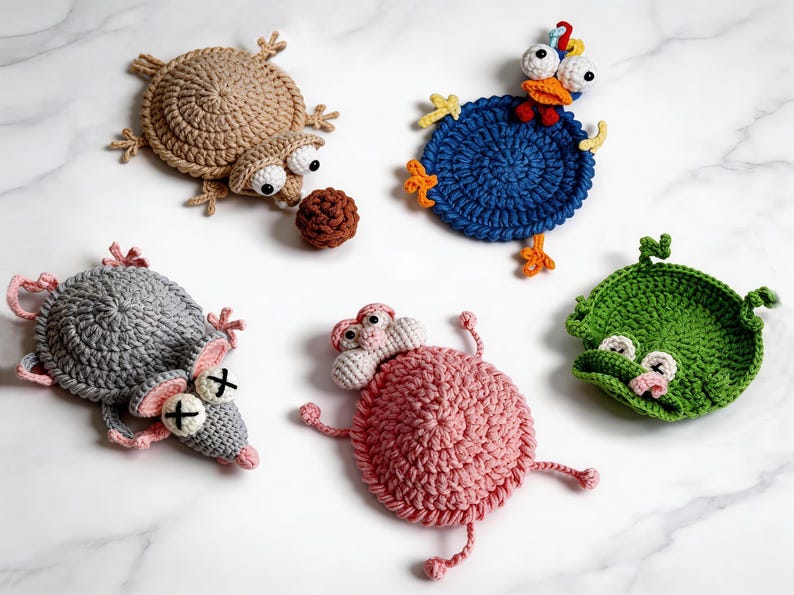 cute animal crochet coaster patterns including mouse squirrel chickern frog and leopard and mouse mug rug designs