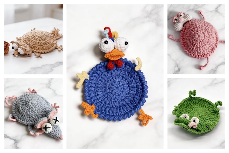 animal crochet coaster collection cute handmade mug rugs fox mouse frog turtle ladybug crochet designs