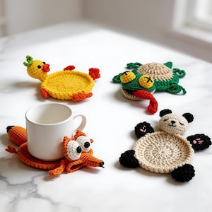 animal crochet coasters duck frog panda cute pop up mug rug handmade crochet coaster set