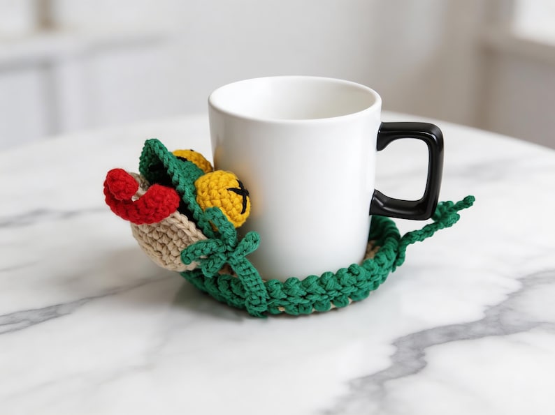 crochet lizard coaster pattern finished piece, handmade animal mug rug with tongue detail