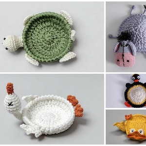 animal crochet coaster set including turtle goose penguin duck, pop up mug rug crochet patterns, fun DIY coaster designs